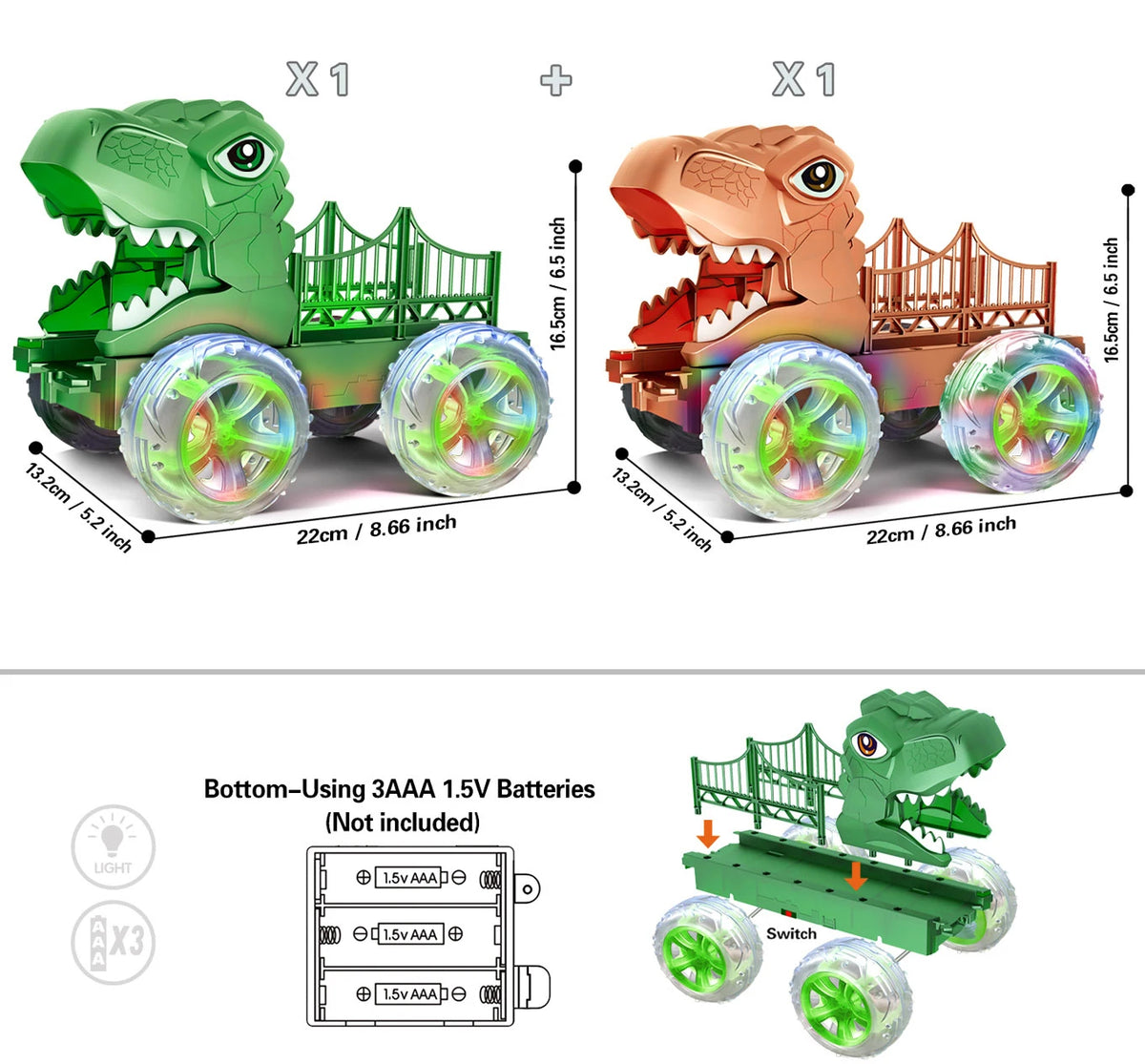 Dinosaur Monster Truck with Glowing LED Wheels – 2-Pack