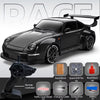 A black 1935 Porsche racing sports car model with various accessories like a remote controller and tools.