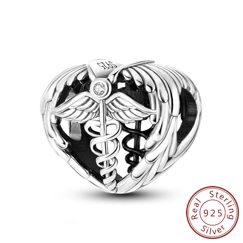 Sterling silver charm beads set featuring cross, angel, and evil eye designs for DIY jewelry making