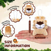 A fluffy, light brown lion plush toy is shown with size information and details about its quality material.