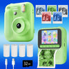 A lime green instant print camera is shown with several blank film cartridges and a printed photo displayed on the screen.