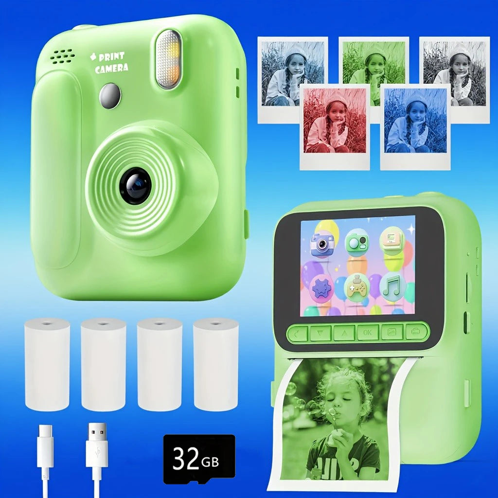 A lime green instant print camera is shown with several blank film cartridges and a printed photo displayed on the screen.