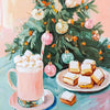 A painting of a Christmas tree decorated with ornaments and surrounded by popcorn and golden treats.