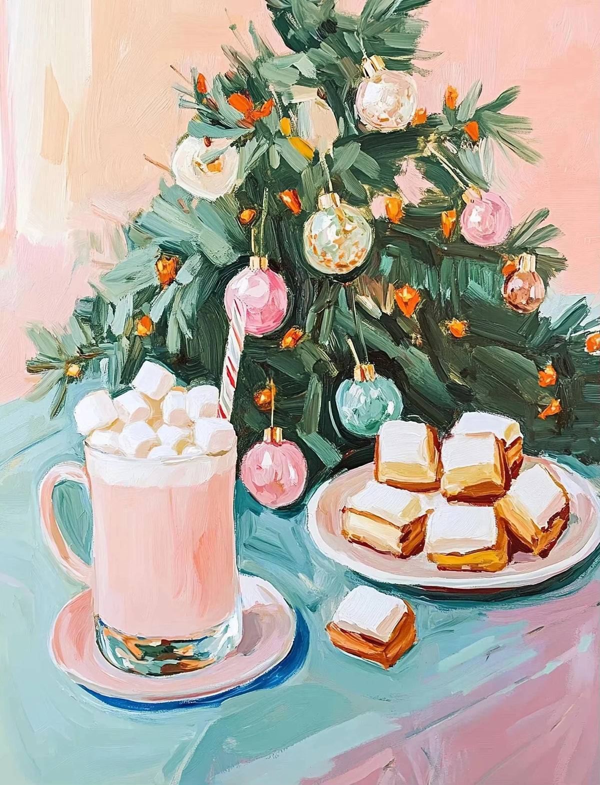 A painting of a Christmas tree decorated with ornaments and surrounded by popcorn and golden treats.