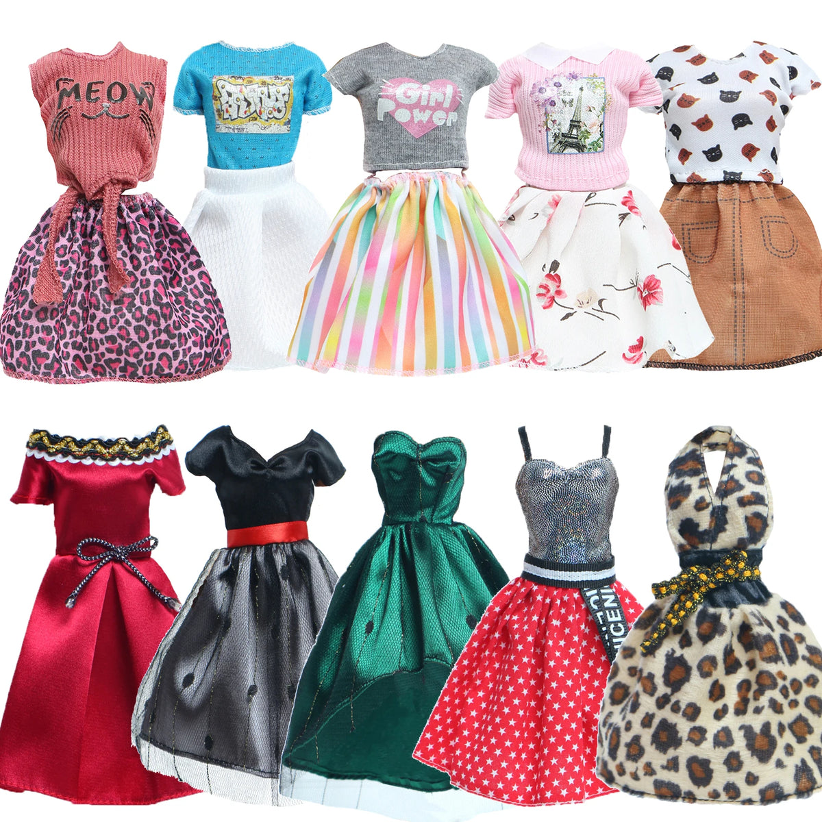 A collection of handmade casual doll outfits featuring various colors and patterns including leopard print, pink, gray, and r
