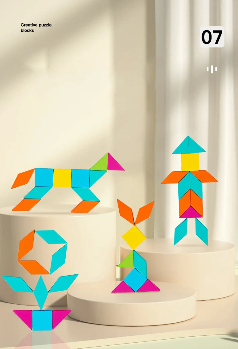 A wooden geometric shape puzzle featuring colorful blocks arranged in various figures on a light background.