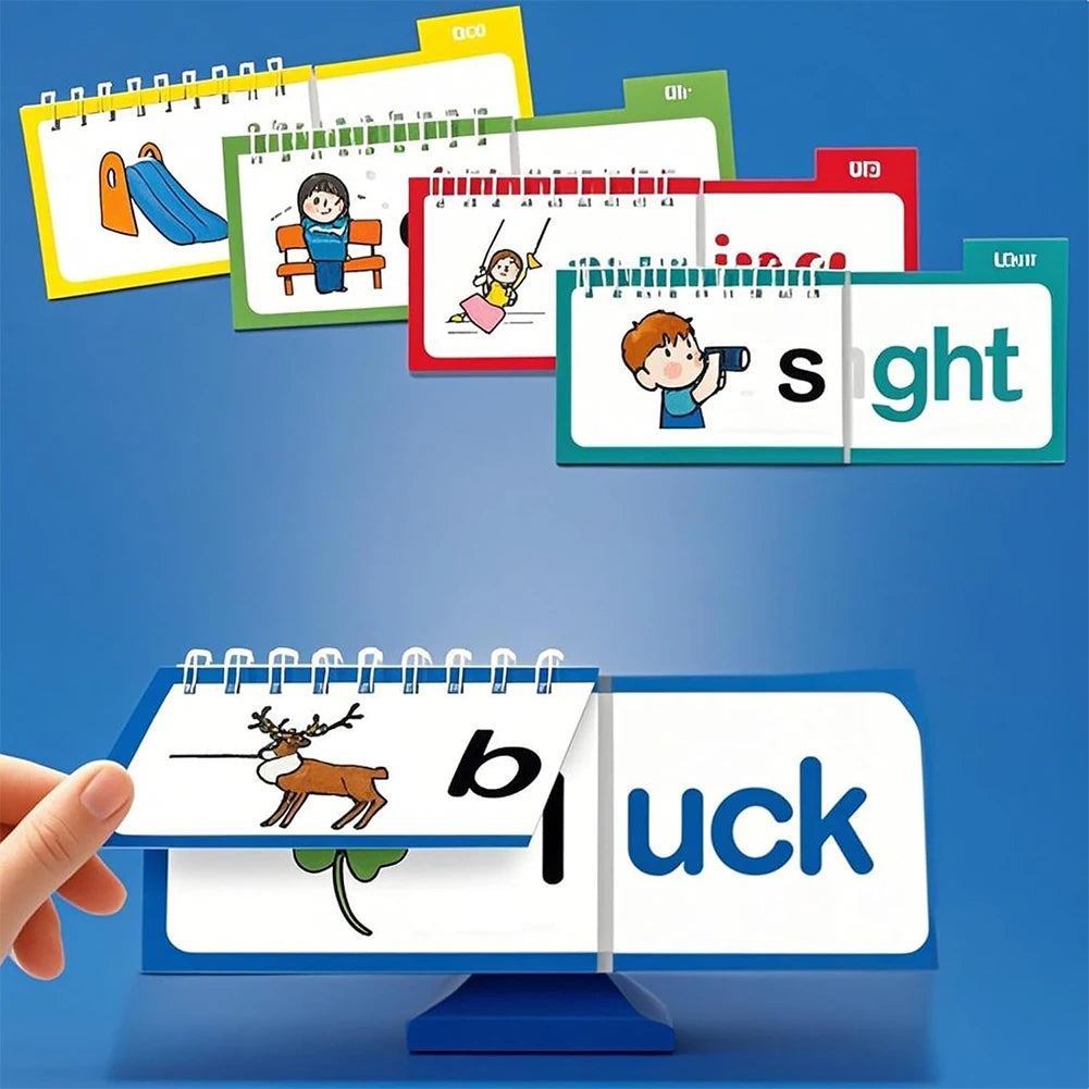 A hand holds a blue phonics flip book and sight word flash cards displaying words like sight and luck.