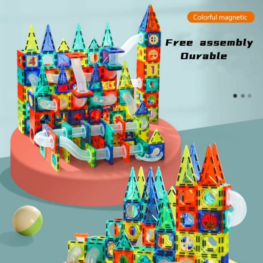 Colorful magnetic pipe building blocks set for kids showing a castle structure.