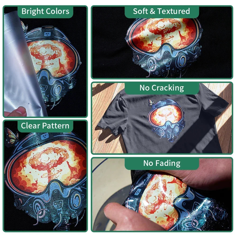 Close-up shots demonstrating the vibrant colors, soft texture, clear pattern, and durability of DTF transfer film sheets on f