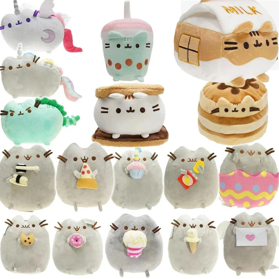 A collection of various anime-inspired plush cat dolls in pastel and natural colors.
