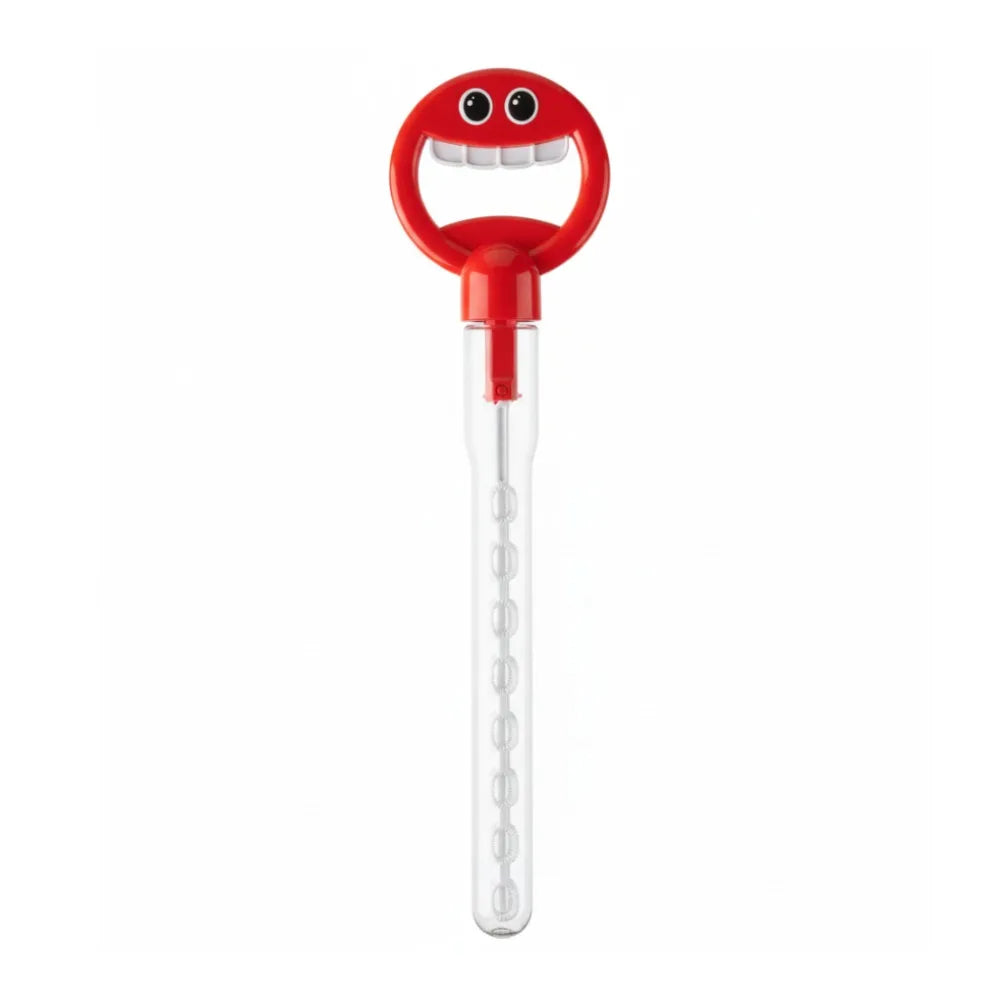 Red bubble wand with a smiling face design and a clear tube for blowing bubbles