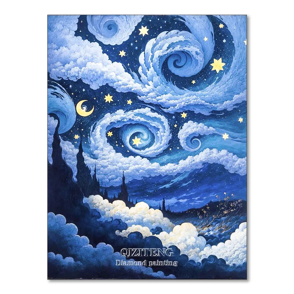 A diamond painting depicting a night sky with swirling blue clouds, stars, and a crescent moon over a dark landscape.