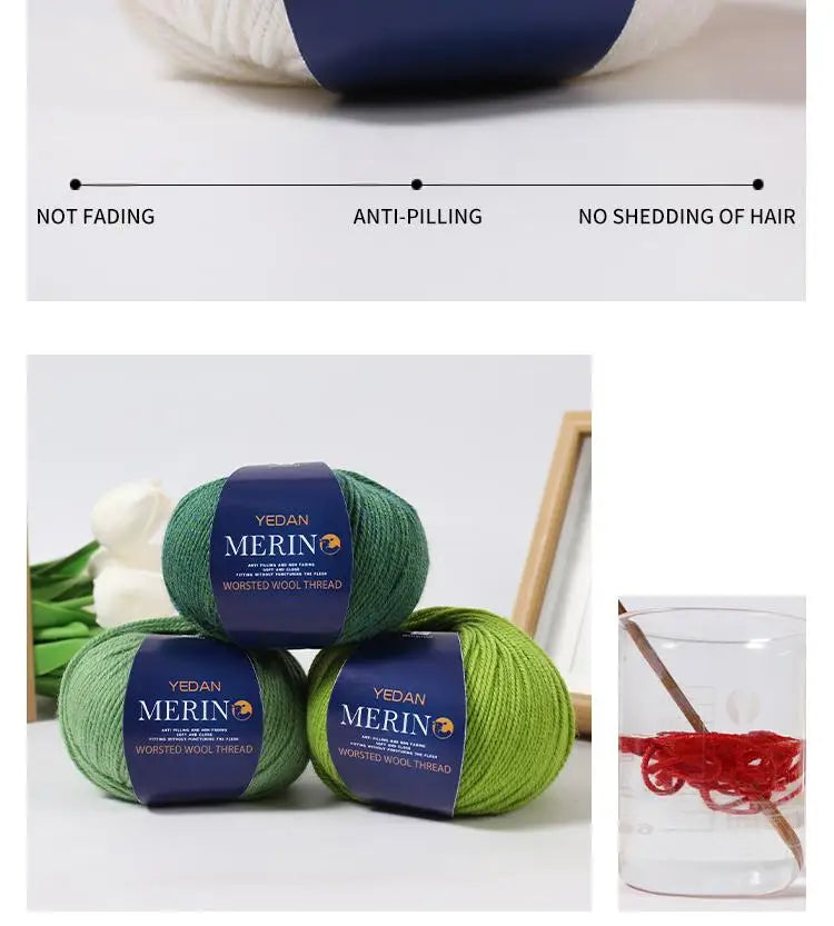 Green YEDAN MERIN wool yarn balls demonstrating non-fading, anti-pilling, and no shedding properties.