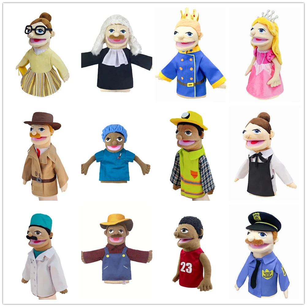 A collection of various profession series plush hand puppets featuring different characters and outfits.