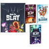 A collection of 'Here to Slay' card game boxes featuring various monster and warrior themes.