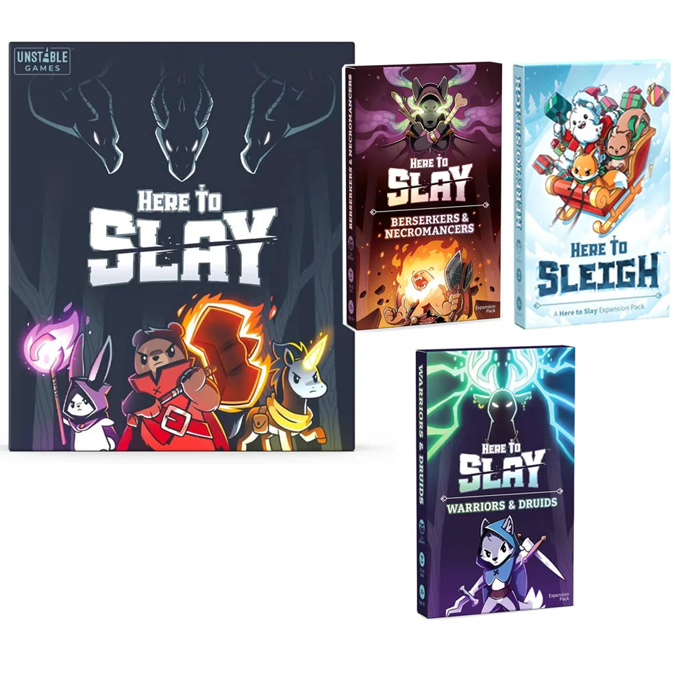A collection of 'Here to Slay' card game boxes featuring various monster and warrior themes.
