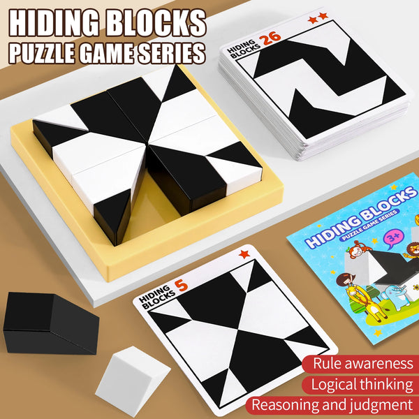 A set of hiding blocks puzzle game featuring black and white geometric shapes on cardboard tiles.