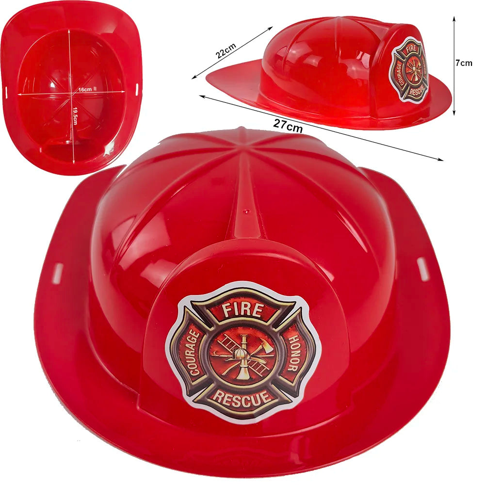 A bright red firefighter helmet for kids shown in various angles.