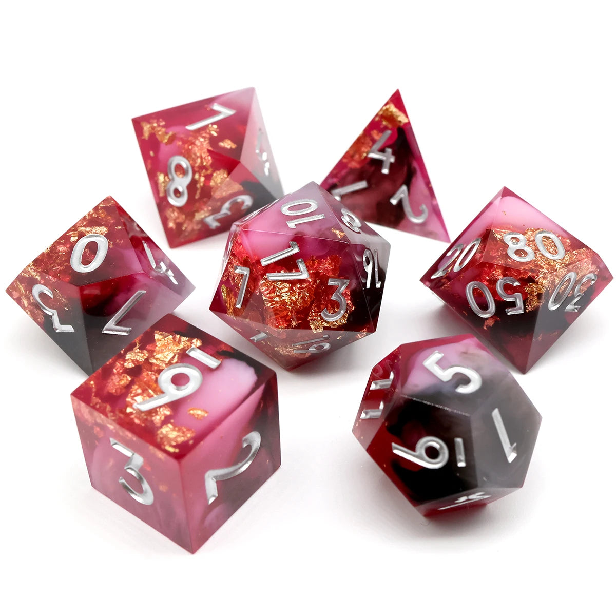 Handmade Resin D&D Dice Set – 7 Polyhedral Dice with Floral Design