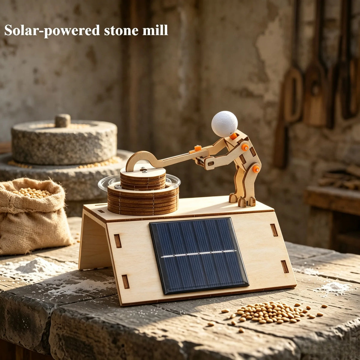A wooden model kit of a lunar rover powered by a solar panel sits on a rustic table.