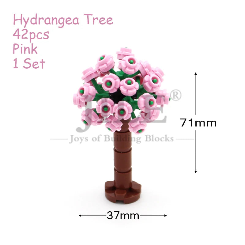 Pink Hydrangea tree building blocks set with 42 pieces and a brown trunk