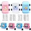 A set of 2-in-1 multiplication and division math practice roller stamps in pink, white, and light blue colors.