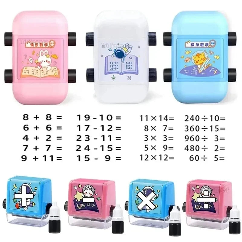 A set of 2-in-1 multiplication and division math practice roller stamps in pink, white, and light blue colors.