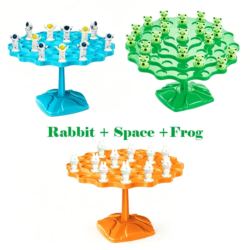Three colorful balance tree games featuring rabbits, frogs, and pigs for kids