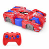 A red and blue stunt car toy with cracked surface texture and LED lights is shown next to a red remote control controller.