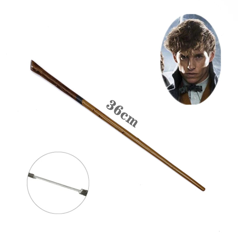 An elegant metal cosplay magic wand with a wooden handle and a portrait of a man.