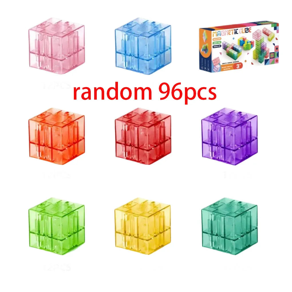 A collection of 96 transparent magnetic building blocks in various colors including pink, blue, red, purple, green, and yello