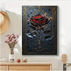 A framed dark blue and gold painting featuring a detailed red rose against a starry background.