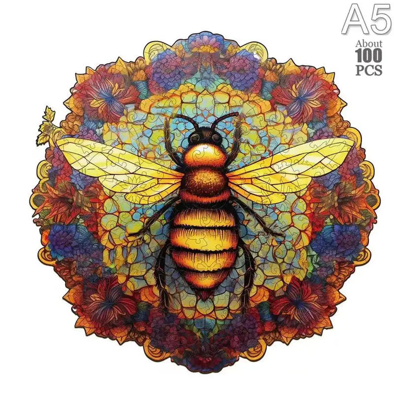 A colorful wooden puzzle featuring a bee, flower, and cat in a circular design.