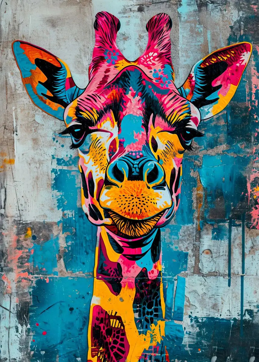 A vibrant, stylized painting of a jaguar's face with bright pink, orange, and yellow colors.