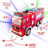 A red electric fire truck toy featuring 4D lights and a real siren sound when turned on.