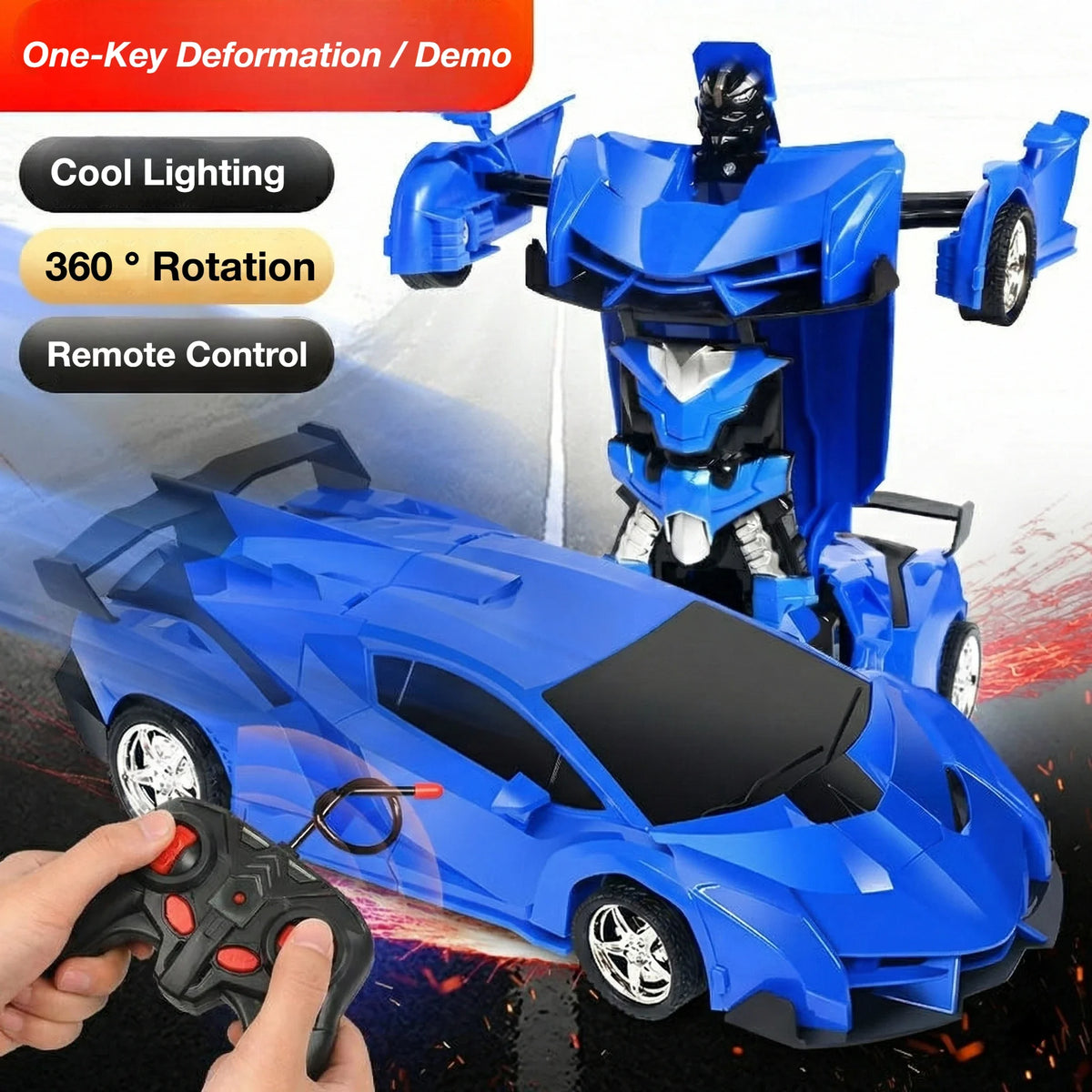 A blue transforming robot car is shown with its separate vehicle mode, demonstrating cool lighting and 360 rotation features.