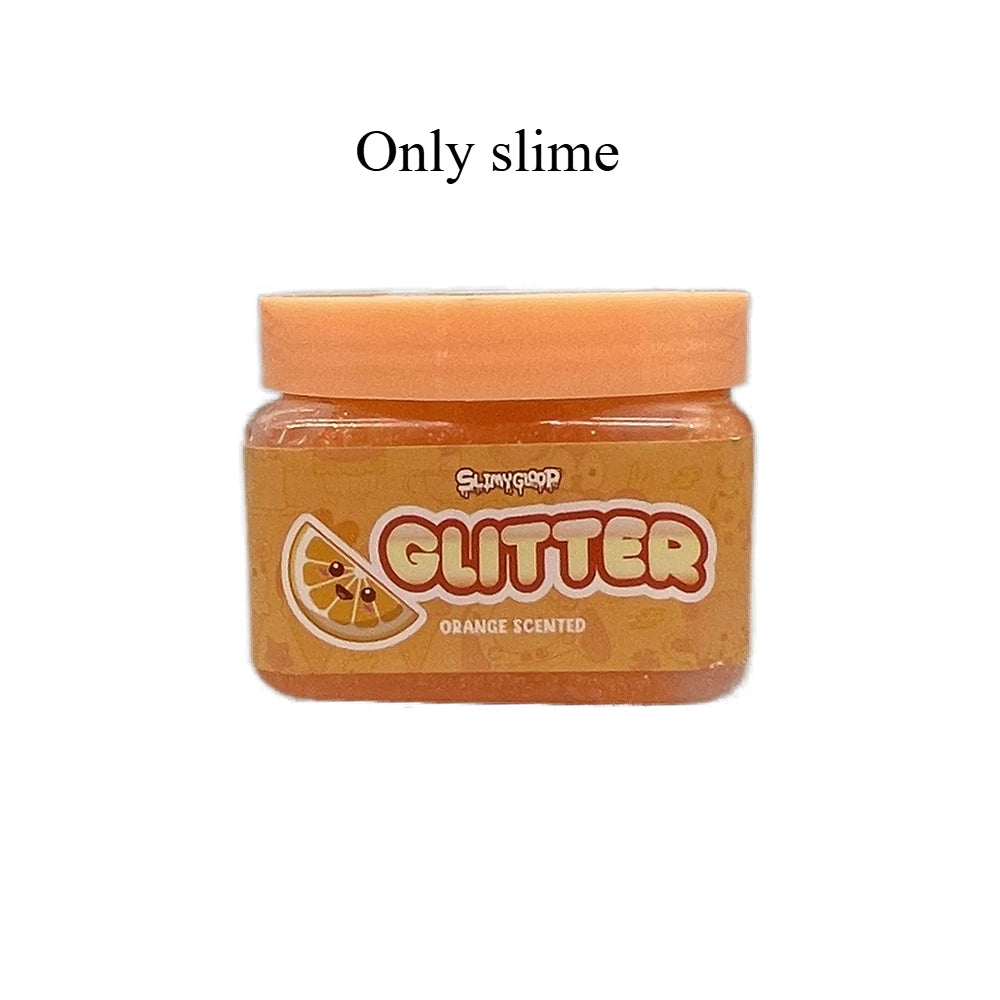 A jar of orange scented glitter slime labeled SlimeGoo Glitter