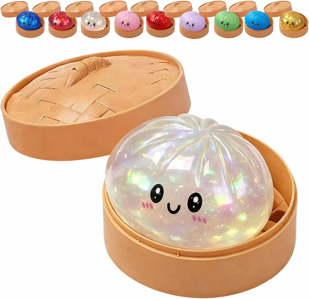 A set of colorful glitter dumpling squishy toys in various colors arranged in a wooden container with a large clear glitter b