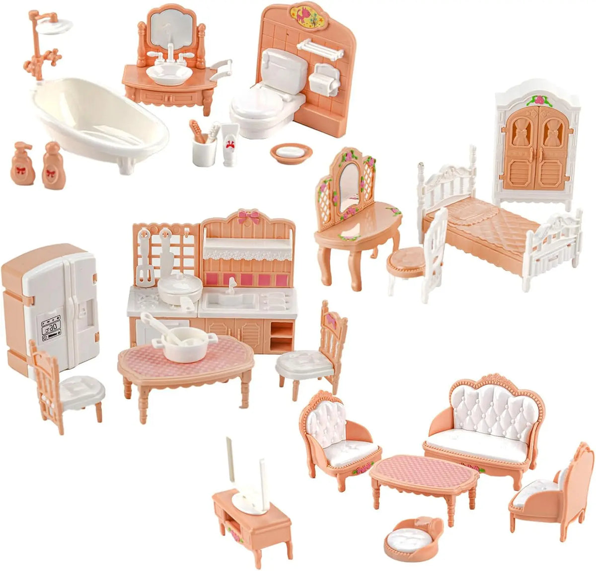 Dollhouse Furniture Set for Pretend Play – 3-Room Miniature Collection