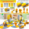 A yellow and blue flexible dinosaur race track toy set with electric cars and track pieces.