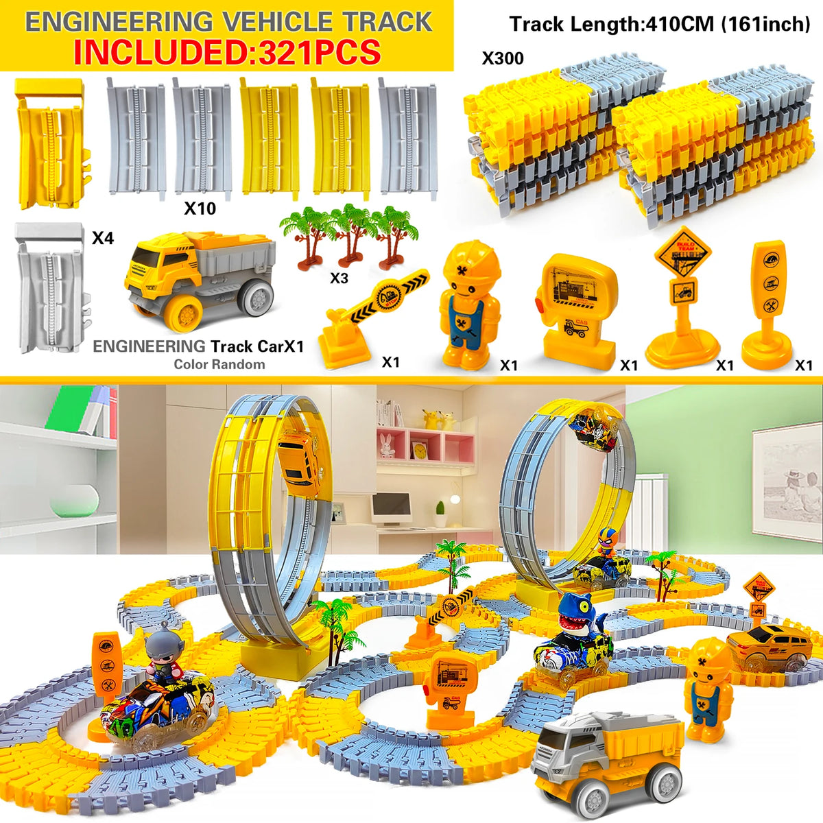 A yellow and blue flexible dinosaur race track toy set with electric cars and track pieces.