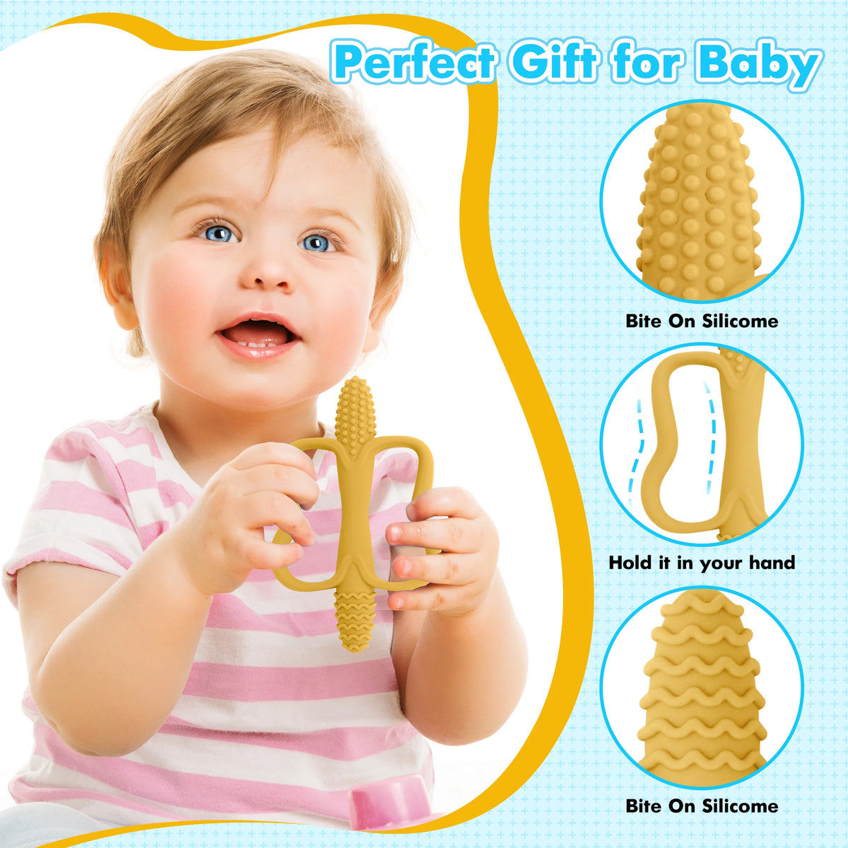 A baby is shown holding a yellow silicone teether designed for biting and gripping.
