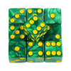 A set of ten green marble acrylic dice, some solid and some with yellow dots, arranged in a grid.