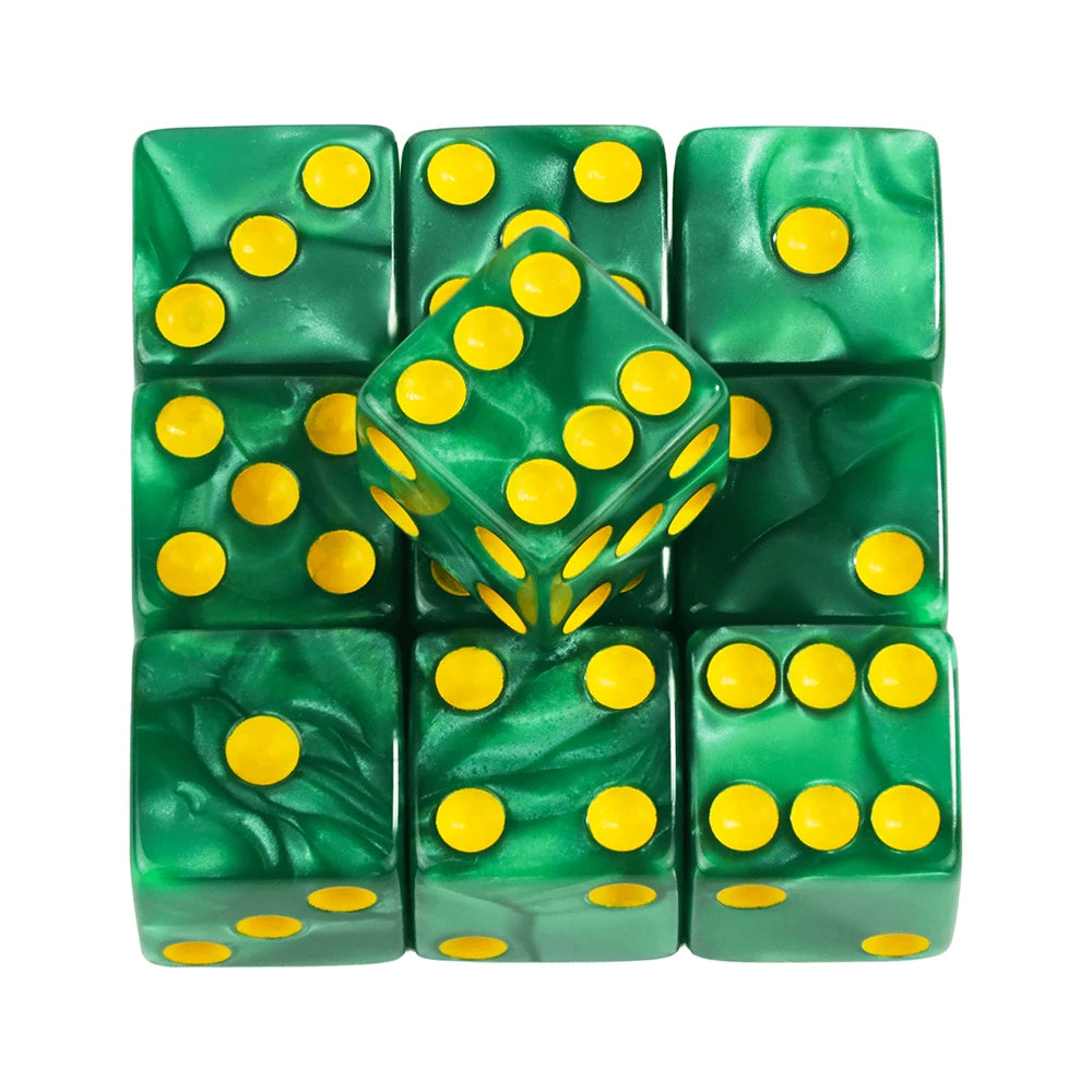 A set of ten green marble acrylic dice, some solid and some with yellow dots, arranged in a grid.