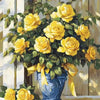 A bouquet of yellow roses and sunflowers in a blue vase on a wooden surface.