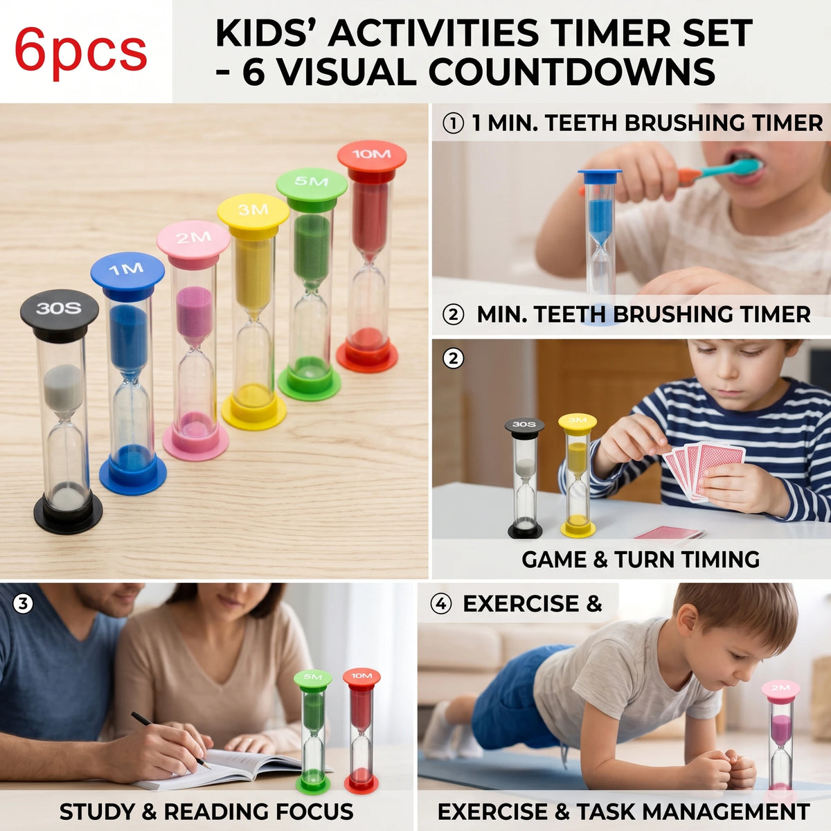 A set of six colorful hourglass sand timers used for various activities like teeth brushing, game timing, and exercise manage
