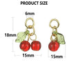 A set of red cherry glass charms with gold-colored jump rings and leaves, shown with size measurements.