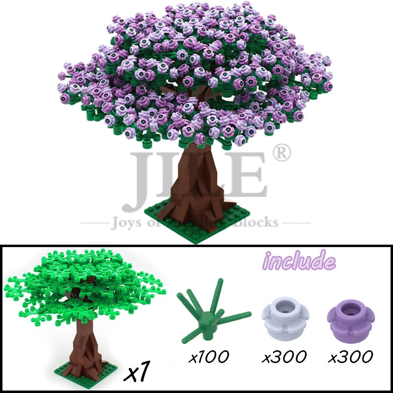 A set of seven pink and green Sakura cherry blossom tree building blocks with included pieces.