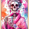 A watercolor diamond painting featuring a skull woman with pink hair and clothing, set against a vibrant pink and purple back