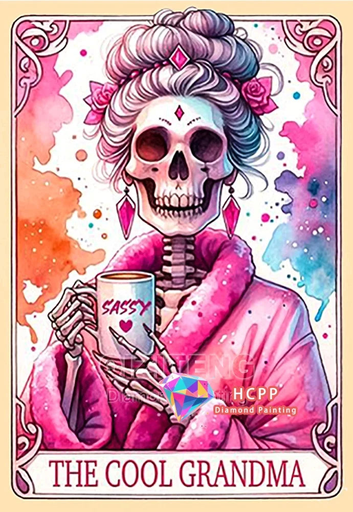 A watercolor diamond painting featuring a skull woman with pink hair and clothing, set against a vibrant pink and purple back